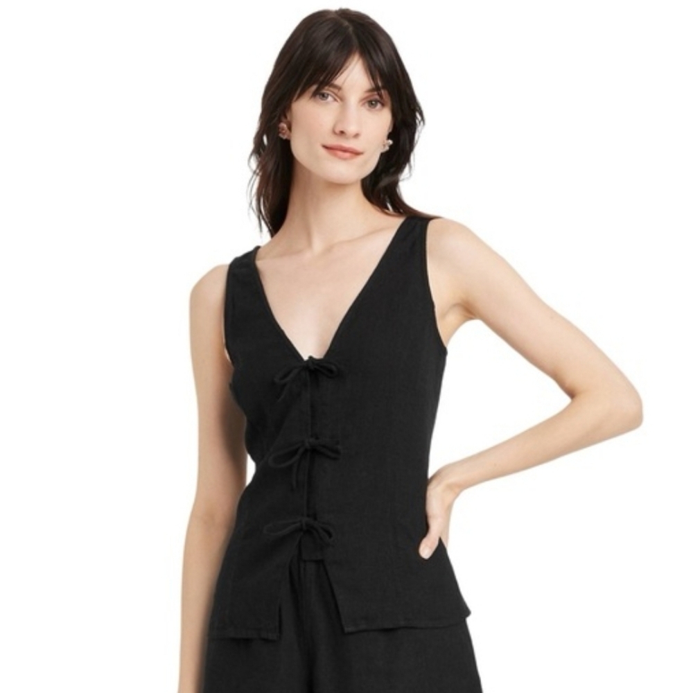 a new day Linen Blend Tank Top Front Tie V-Neck V-Back Black Size Small‎